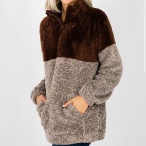 Zenana Brown Colorblock Oversized Quarter Zip Sherpa Pullover Size XL